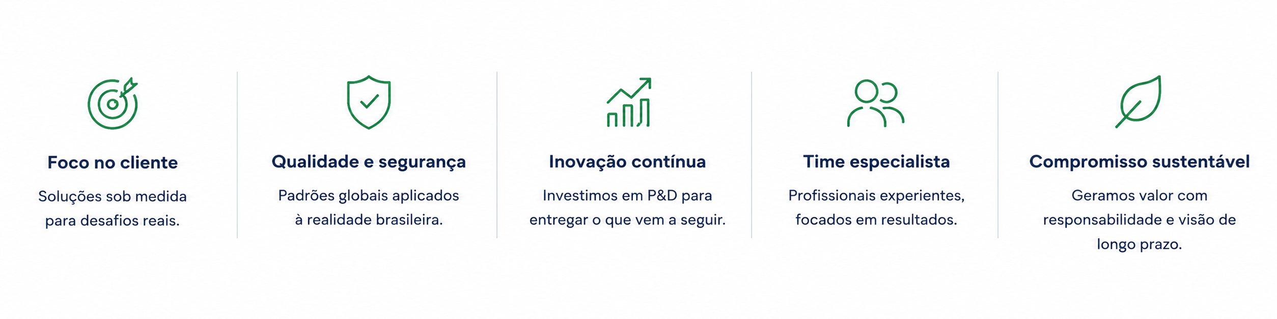 Foco no cliente, qualidade e segurança, inovação contínua, time especialista e compromisso sustentável
